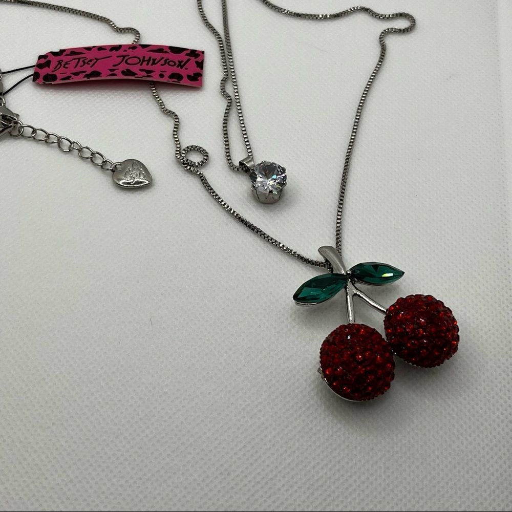 NECKLACE! Betsey Johnson Double Pendant Cherry Gemstone Necklace BNWT - Picture 4 of 5